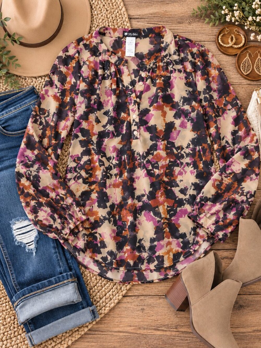 Lily White Camo Print Button-Down Blouse | Boho Chic Size L - Picture 6 of 8